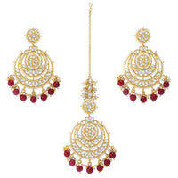 Etnico Gold Plated Traditional Big Kundan & Pearl Chandbali Earrings with Maang Tikka Set for Women/Girls (TE3002M-1)