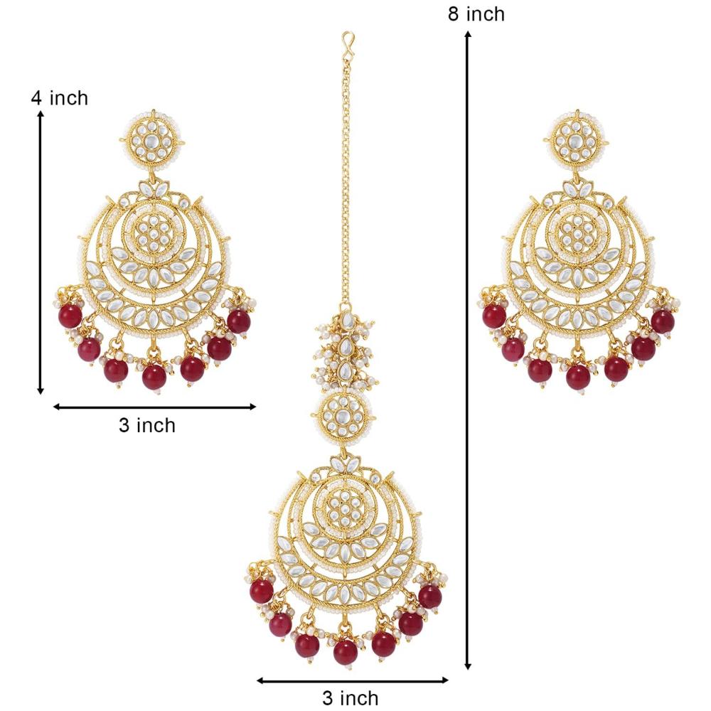 Etnico Gold Plated Traditional Big Kundan & Pearl Chandbali Earrings with Maang Tikka Set for Women/Girls (TE3002M-1)