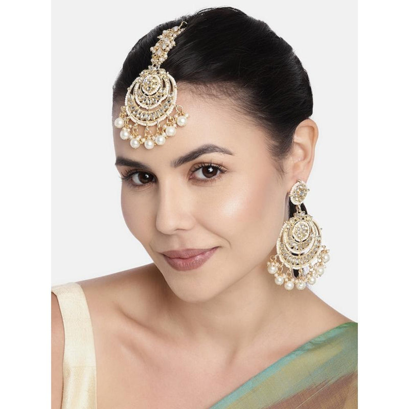 Etnico Gold Plated Traditional Big Kundan & Pearl Chandbali Earrings with Maang Tikka Set for Women/Girls (TE3002W)