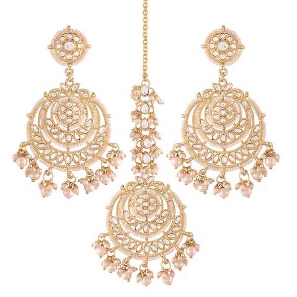 Etnico Gold Plated Traditional Big Kundan & Pearl Chandbali Earrings with Maang Tikka Set for Women/Girls (TE3002W)
