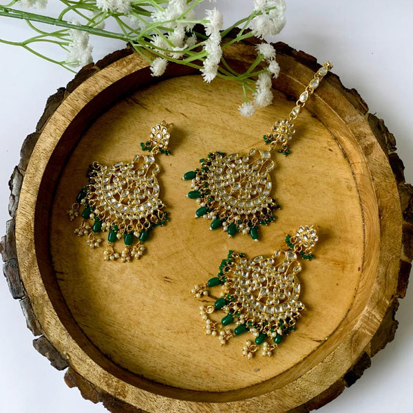 Etnico Gold Plated Traditional Big Kundan & Pearl Chandbali Earrings with Maang Tikka Set for Women/Girls (TE3013G)