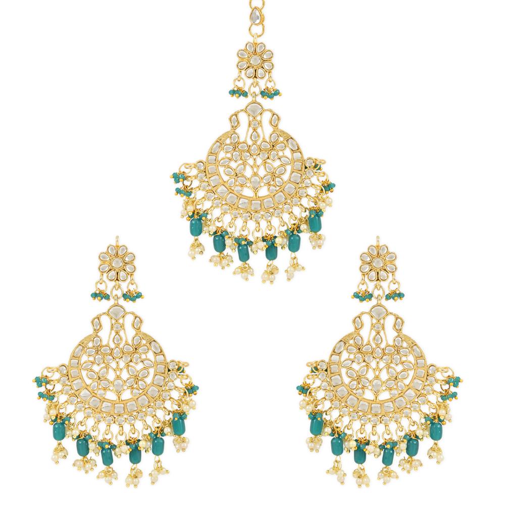 Etnico Gold Plated Traditional Big Kundan & Pearl Chandbali Earrings with Maang Tikka Set for Women/Girls (TE3013G)