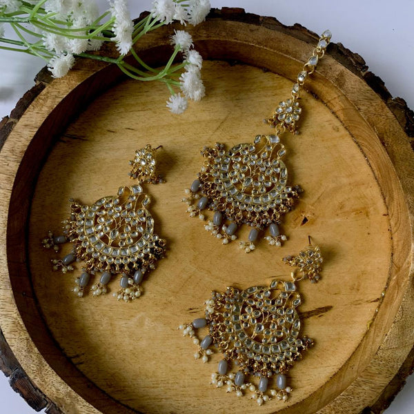 Etnico Gold Plated Traditional Big Kundan & Pearl Chandbali Earrings with Maang Tikka Set for Women/Girls (TE3013Gr)