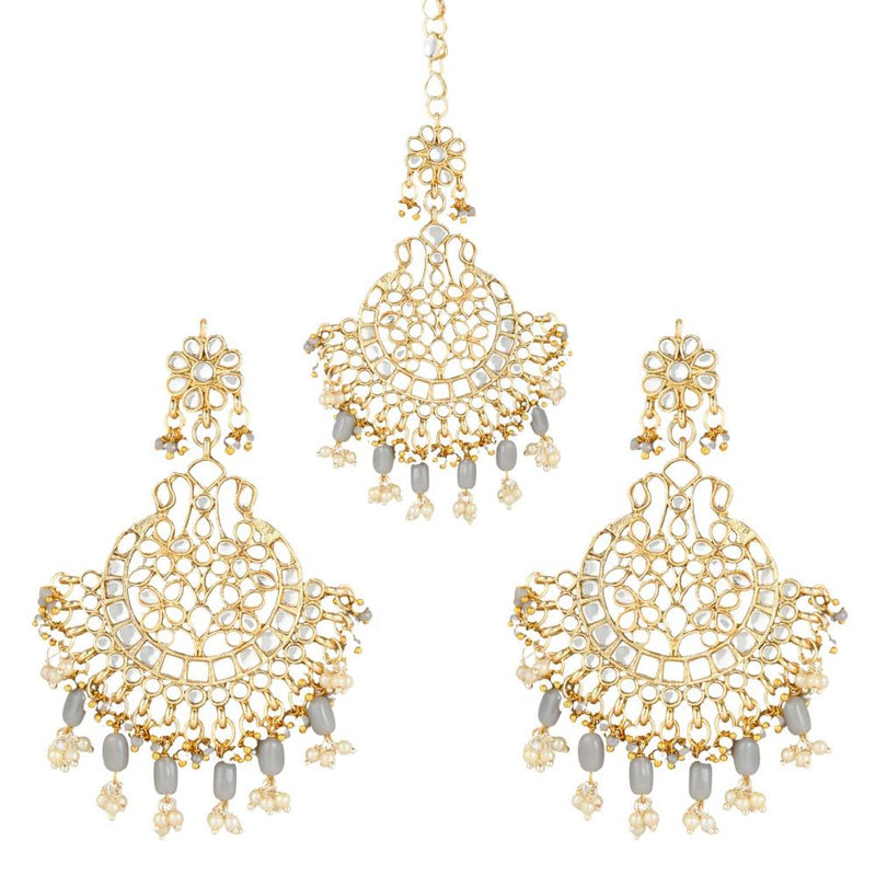 Etnico Gold Plated Traditional Big Kundan & Pearl Chandbali Earrings with Maang Tikka Set for Women/Girls (TE3013Gr)