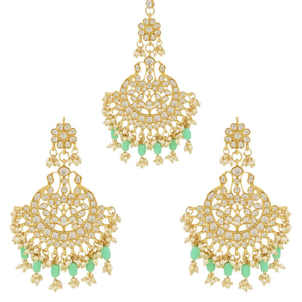 Etnico Gold Plated Traditional Big Kundan & Pearl Chandbali Earrings with Maang Tikka Set for Women/Girls (TE3013Min)
