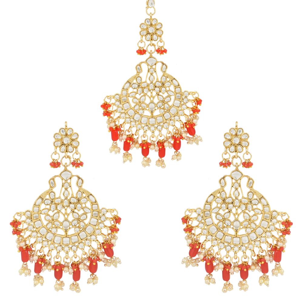 Etnico Gold Plated Traditional Big Kundan & Pearl Chandbali Earrings with Maang Tikka Set for Women/Girls (TE3013R)