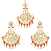 Etnico Gold Plated Traditional Big Kundan & Pearl Chandbali Earrings with Maang Tikka Set for Women/Girls (TE3013R)