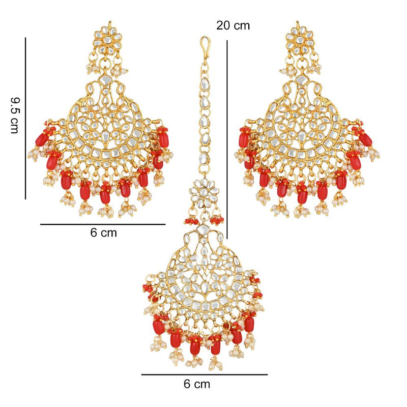 Etnico Gold Plated Traditional Big Kundan & Pearl Chandbali Earrings with Maang Tikka Set for Women/Girls (TE3013R)