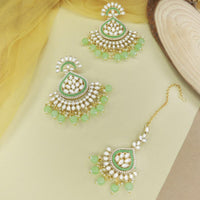 Etnico Gold Plated Traditional Kundan & Pearl Chandbali Earrings with Maang Tikka Set for Women/Girls (TE3015Min)