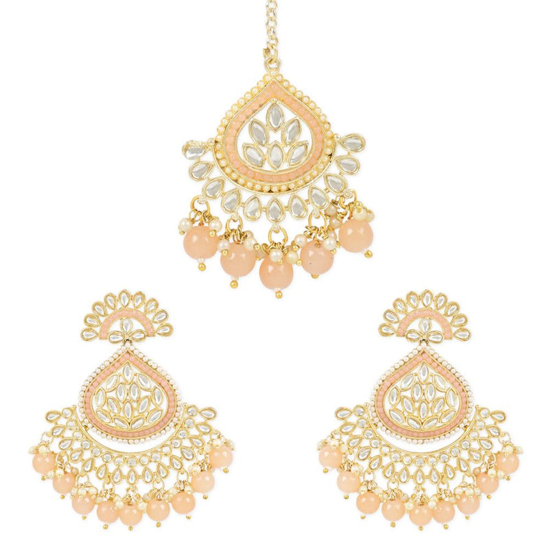 Etnico Gold Plated Traditional Kundan & Pearl Chandbali Earrings with Maang Tikka Set for Women/Girls (TE3015Pe)