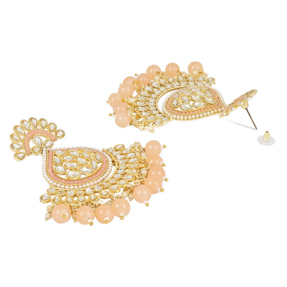 Etnico Gold Plated Traditional Kundan & Pearl Chandbali Earrings with Maang Tikka Set for Women/Girls (TE3015Pe)