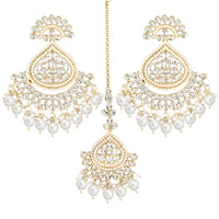 Etnico Gold Plated Traditional Kundan & Pearl Chandbali Earrings With Maang Tikka Set For Women/Girls (TE3015W)