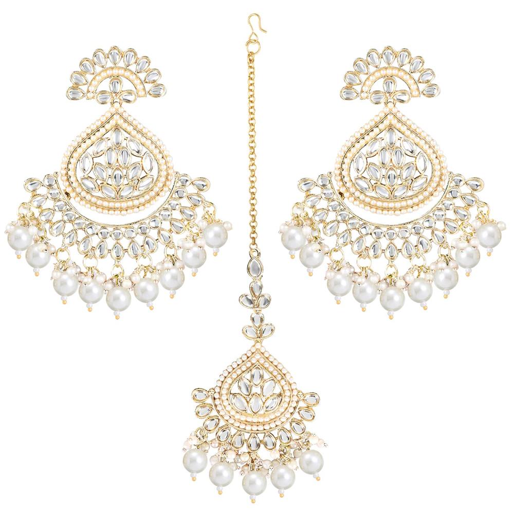 Etnico Gold Plated Traditional Kundan & Pearl Chandbali Earrings With Maang Tikka Set For Women/Girls (TE3015W)