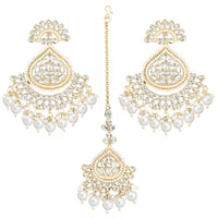 Etnico Gold Plated Traditional Kundan & Pearl Chandbali Earrings With Maang Tikka Set For Women/Girls (TE3015W)