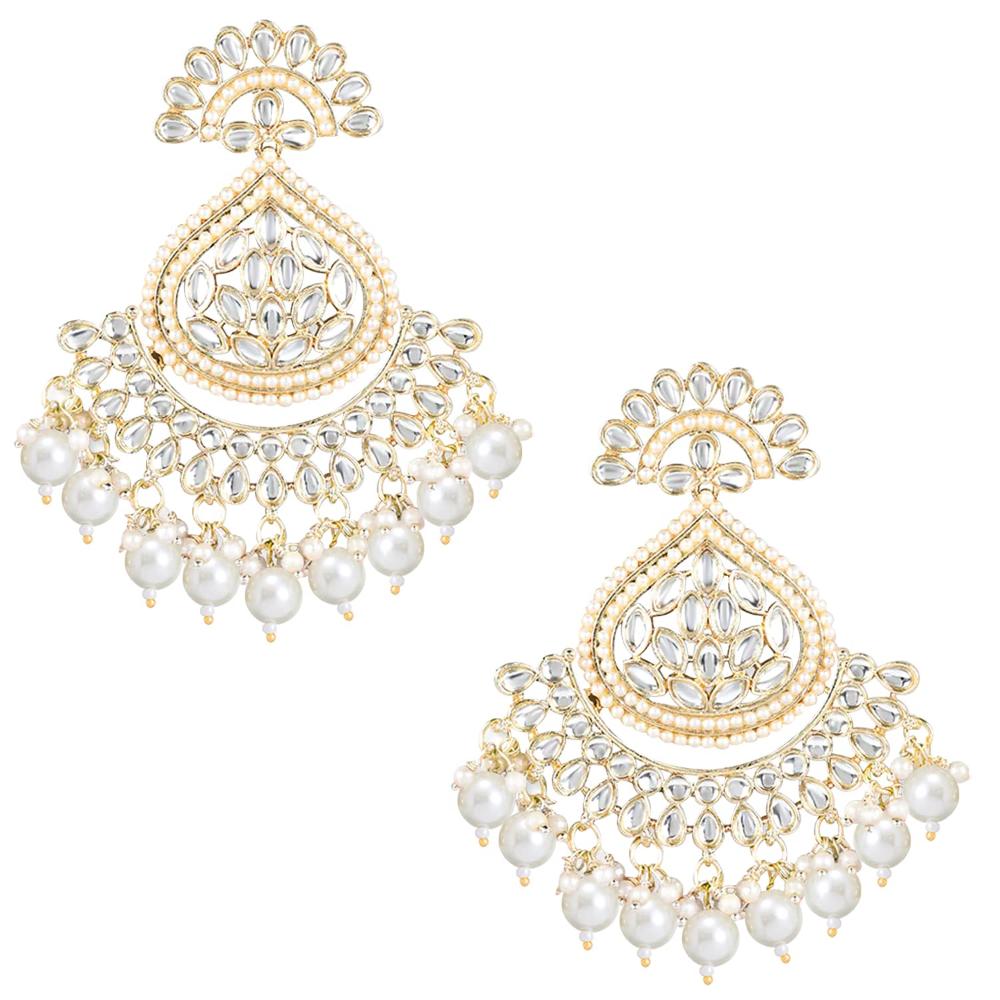 Etnico Gold Plated Traditional Kundan & Pearl Chandbali Earrings With Maang Tikka Set For Women/Girls (TE3015W)