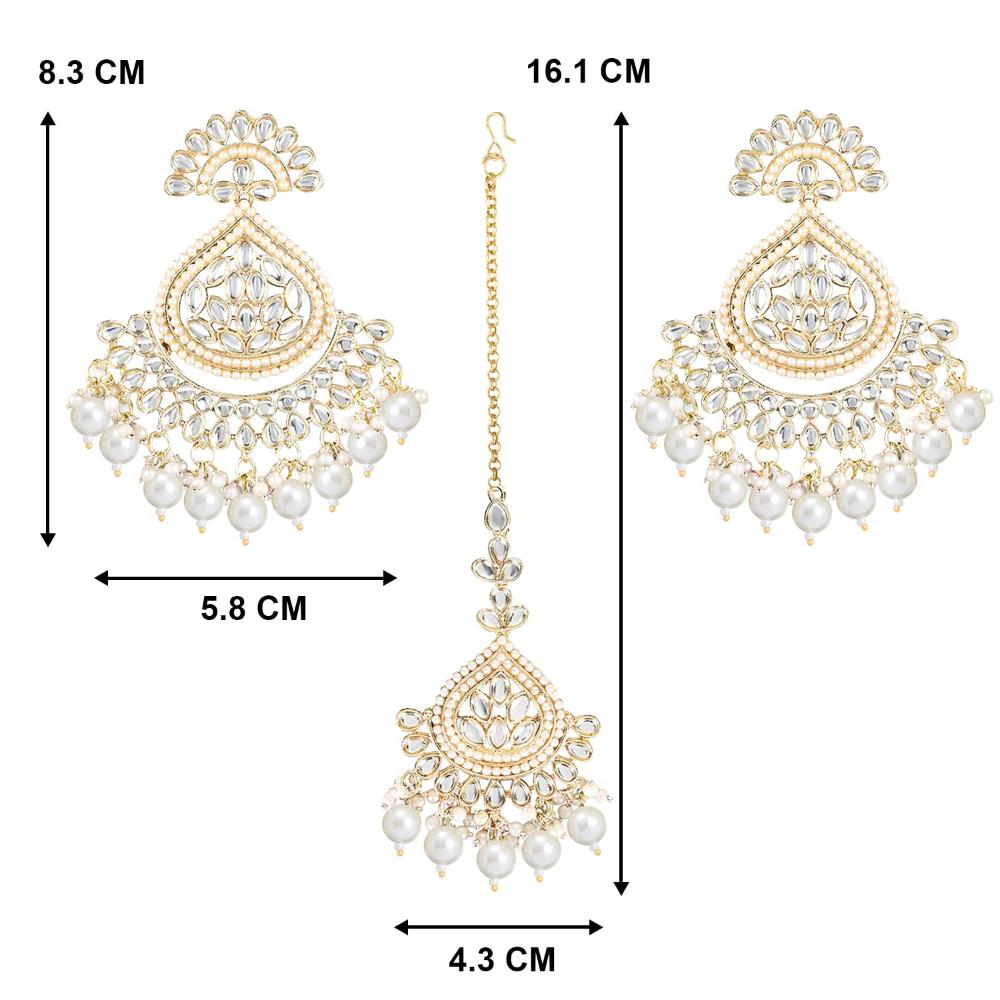 Etnico Gold Plated Traditional Kundan & Pearl Chandbali Earrings With Maang Tikka Set For Women/Girls (TE3015W)