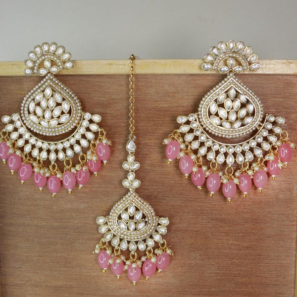 Etnico Gold Plated Traditional Kundan & Pearl Chandbali Earrings with Maang Tikka Set for Women/Girls (TE3016Pi)