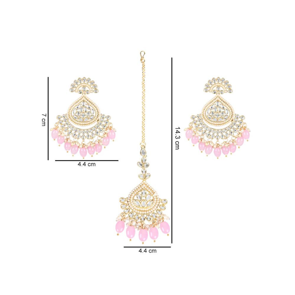 Etnico Gold Plated Traditional Kundan & Pearl Chandbali Earrings with Maang Tikka Set for Women/Girls (TE3016Pi)