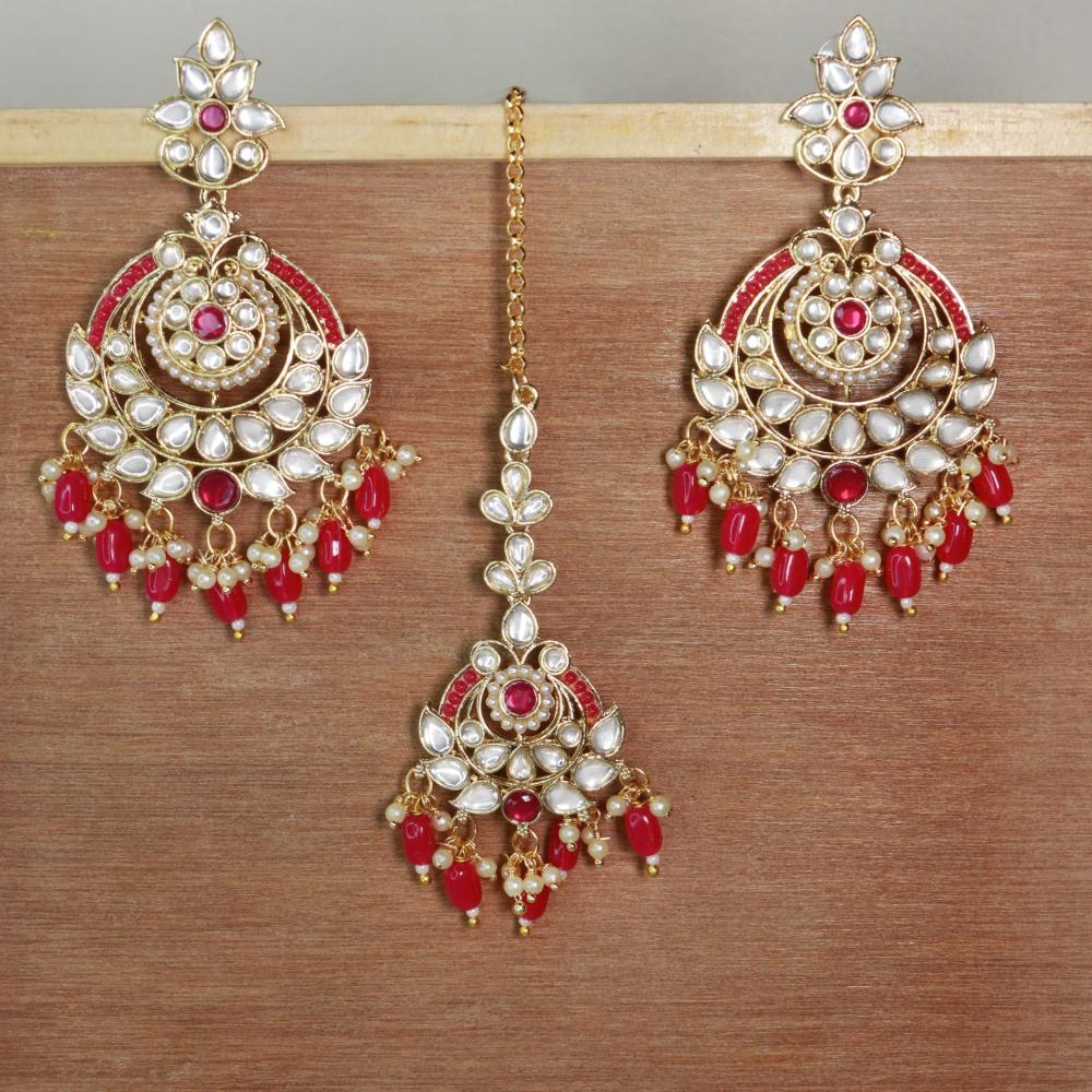 Etnico Gold Plated Traditional Kundan & Pearl Chandbali Earrings with Maang Tikka Set for Women/Girls (TE3019Q)