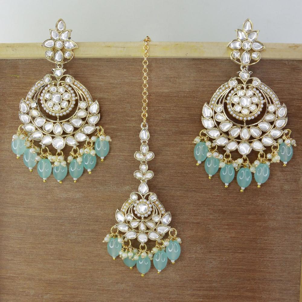 Etnico Gold Plated Traditional Kundan & Pearl Chandbali Earrings With Maang Tikka Set For Women/Girls (TE3020Sb)