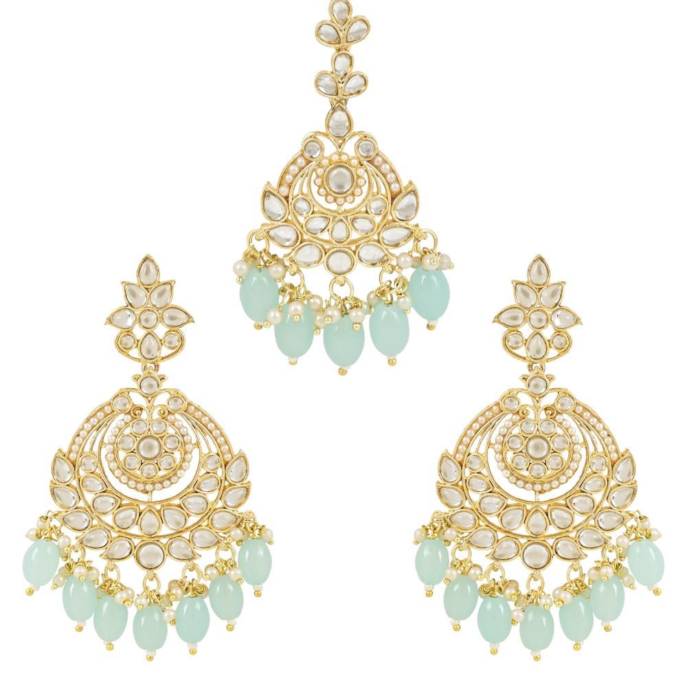 Etnico Gold Plated Traditional Kundan & Pearl Chandbali Earrings With Maang Tikka Set For Women/Girls (TE3020Sb)