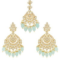 Etnico Gold Plated Traditional Kundan & Pearl Chandbali Earrings With Maang Tikka Set For Women/Girls (TE3020Sb)