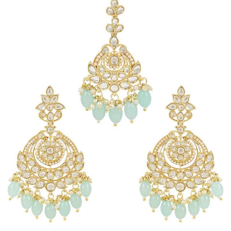 Etnico Gold Plated Traditional Kundan & Pearl Chandbali Earrings With Maang Tikka Set For Women/Girls (TE3020Sb)