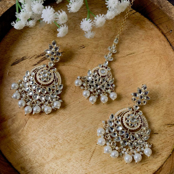 Etnico Gold Plated Traditional Kundan & Pearl Chandbali Earrings With Maang Tikka Set For Women/Girls (TE3020W)