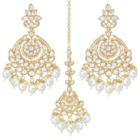 Etnico Gold Plated Traditional Kundan & Pearl Chandbali Earrings With Maang Tikka Set For Women/Girls (TE3020W)