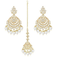 Etnico Gold Plated Traditional Kundan & Pearl Chandbali Earrings With Maang Tikka Set For Women/Girls (TE3020W)