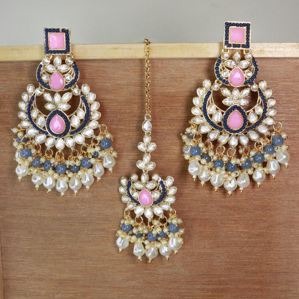 Etnico Gold Plated Traditional Kundan & Pearl Chandbali Earrings with Maang Tikka Set for Women/Girls (TE3021Pemt)