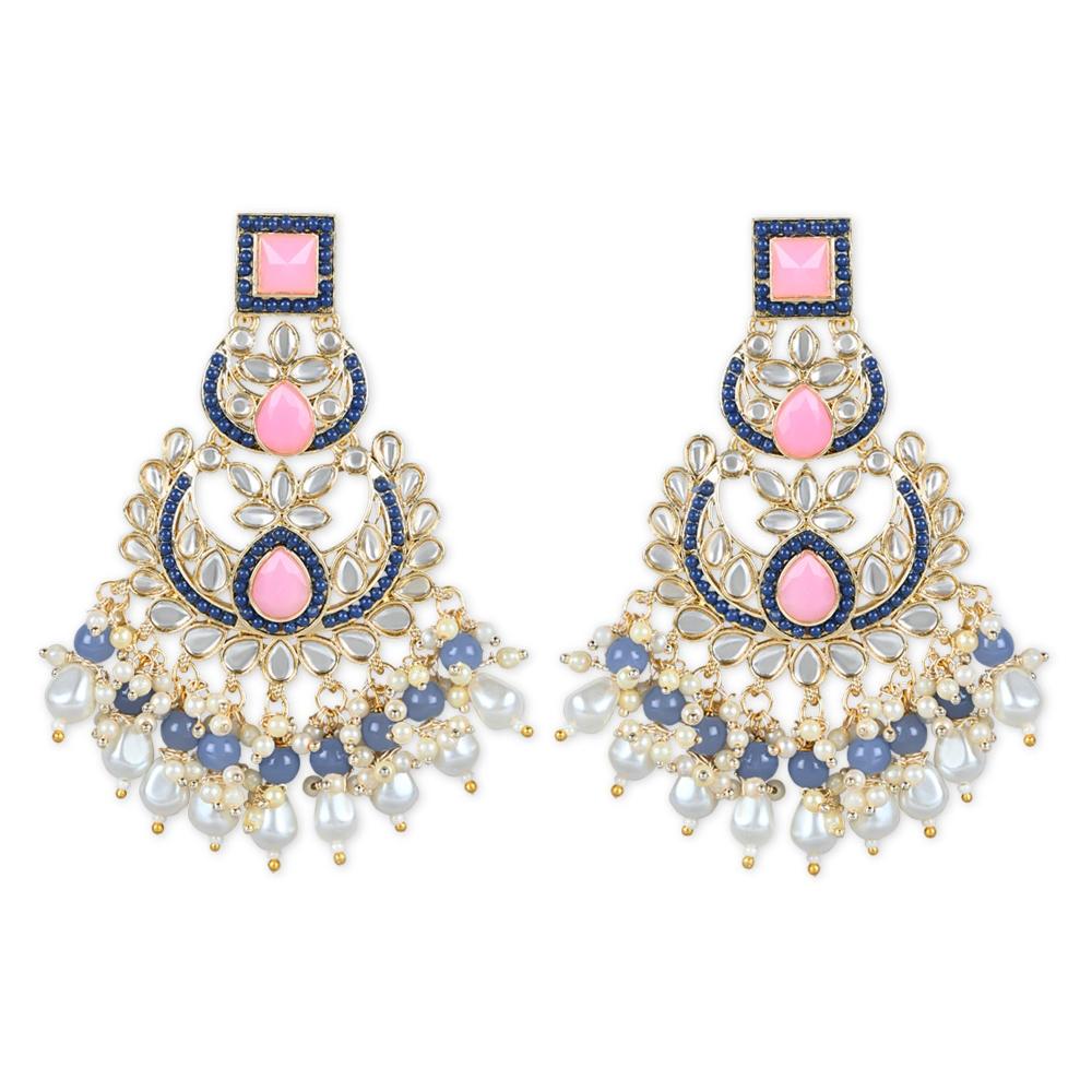 Etnico Gold Plated Traditional Kundan & Pearl Chandbali Earrings with Maang Tikka Set for Women/Girls (TE3021Pemt)