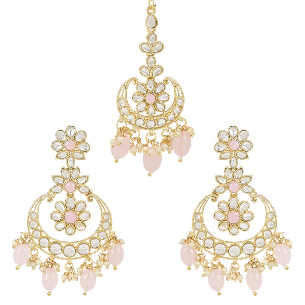 Etnico Gold Plated Traditional Kundan & Pearl Chandbali Earrings with Maang Tikka Set for Women/Girls (TE3023Pi)