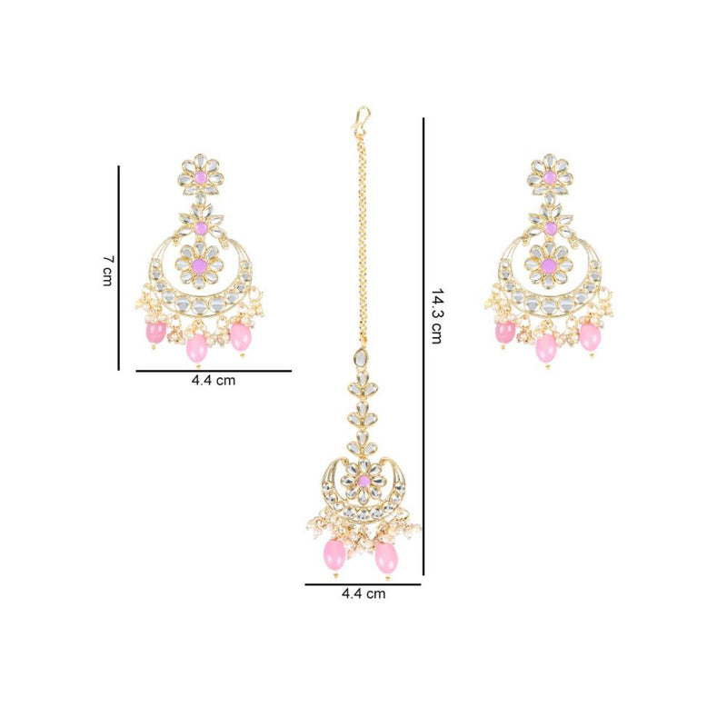 Etnico Gold Plated Traditional Kundan & Pearl Chandbali Earrings with Maang Tikka Set for Women/Girls (TE3023Pi)