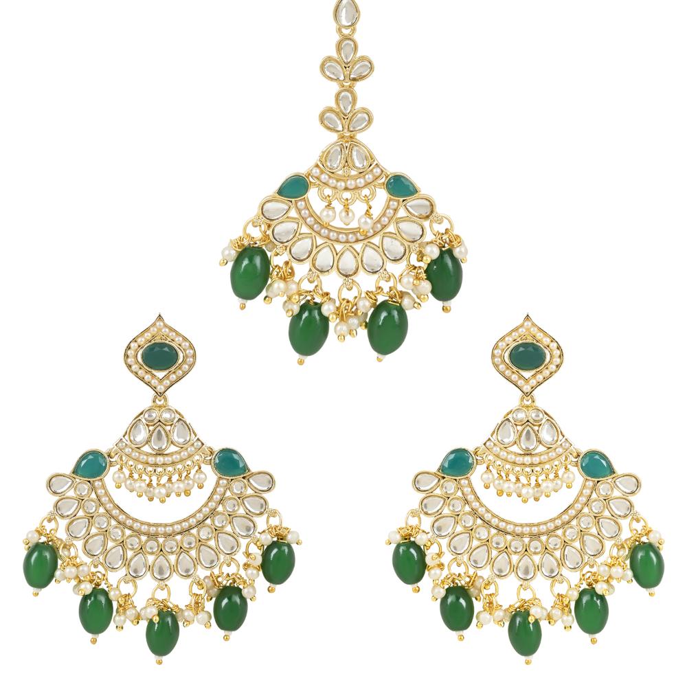 Etnico Gold Plated Traditional Kundan & Pearl Chandbali Earrings with Maang Tikka Set for Women/Girls (TE3024G)