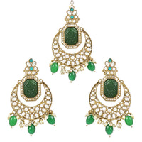 Etnico Gold Plate Traditional Pearl Hanging Kundan Stone Chandbali Earring With Maang Tikka For Women/Girls (TE3026G)