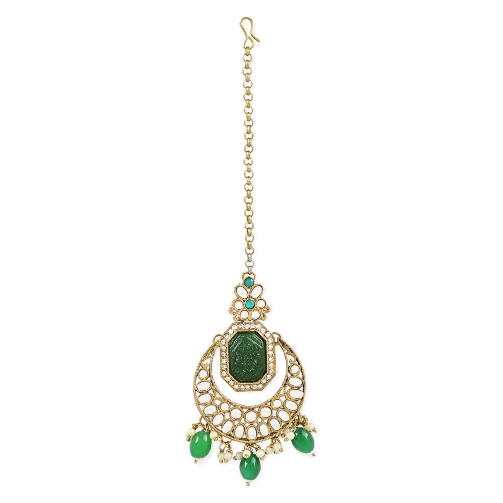 Etnico Gold Plate Traditional Pearl Hanging Kundan Stone Chandbali Earring With Maang Tikka For Women/Girls (TE3026G)