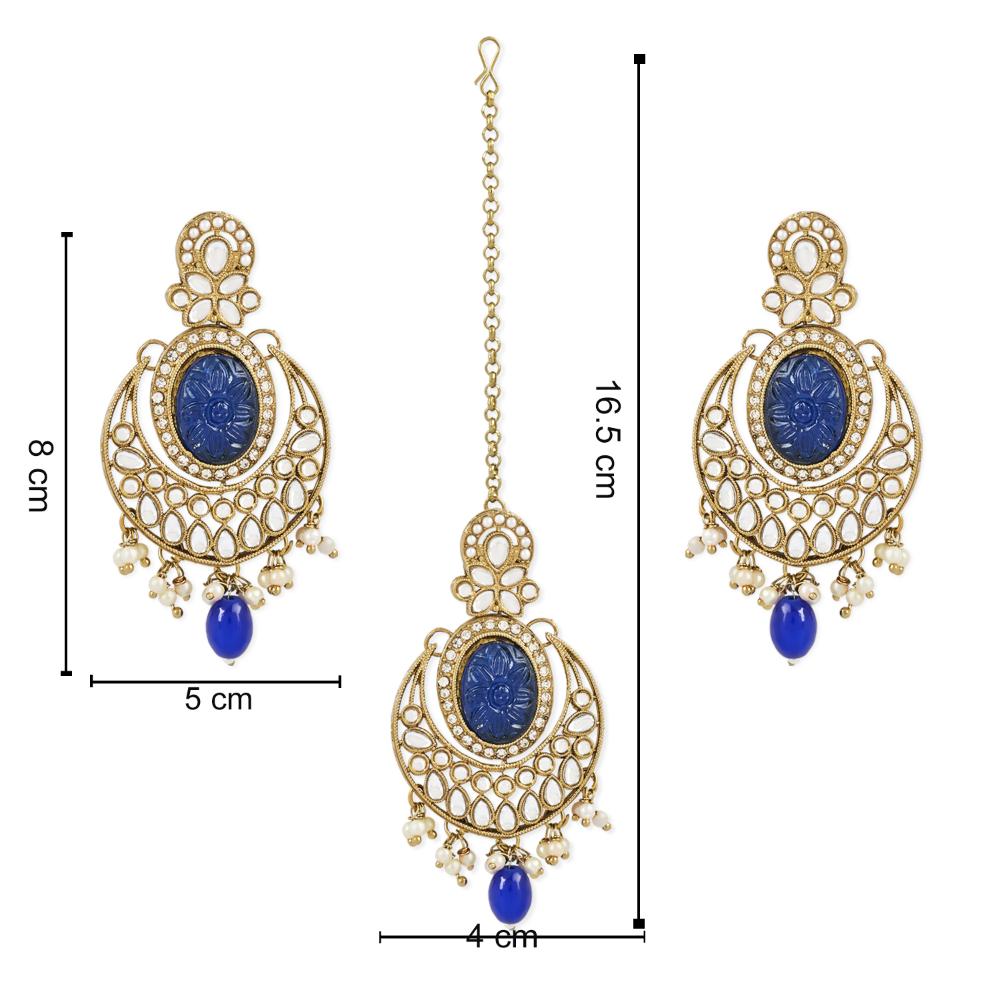 Etnico Gold Plated Traditional Pearl Hanging Kundan Stone Chandbali Earring With Maang Tikka For Women/Girls (TE3027Bl)