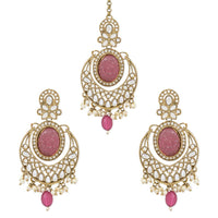 Etnico Gold Plated Traditional Pearl Hanging Kundan Stone Chandbali Earring With Maang Tikka For Women/Girls (TE3027Pu)