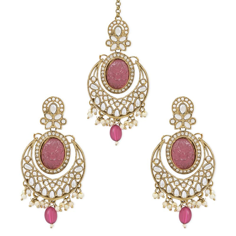 Etnico Gold Plated Traditional Pearl Hanging Kundan Stone Chandbali Earring With Maang Tikka For Women/Girls (TE3027Pu)