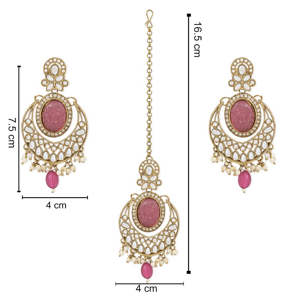 Etnico Gold Plated Traditional Pearl Hanging Kundan Stone Chandbali Earring With Maang Tikka For Women/Girls (TE3027Pu)