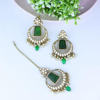 Etnico Gold Plated Traditional Pearl Hanging Kundan Stone Chandbali Earring With Maang Tikka For Women/Girls (TE3028G)