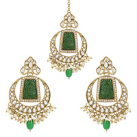 Etnico Gold Plated Traditional Pearl Hanging Kundan Stone Chandbali Earring With Maang Tikka For Women/Girls (TE3028G)