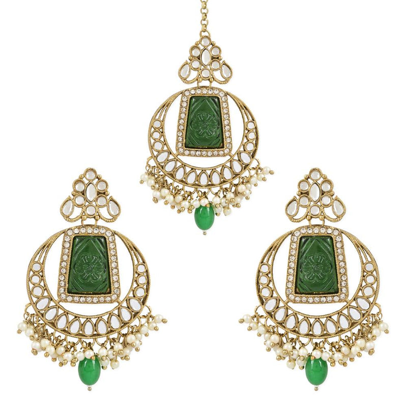 Etnico Gold Plated Traditional Pearl Hanging Kundan Stone Chandbali Earring With Maang Tikka For Women/Girls (TE3028G)