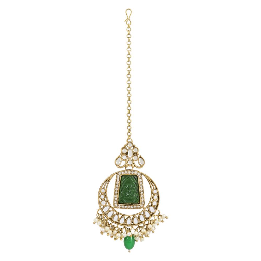 Etnico Gold Plated Traditional Pearl Hanging Kundan Stone Chandbali Earring With Maang Tikka For Women/Girls (TE3028G)