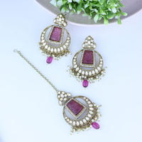 Etnico Gold Plated Traditional Pearl Hanging Kundan Stone Chandbali Earring With Maang Tikka For Women/Girls(TE3028Pu)