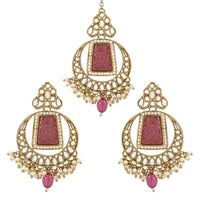 Etnico Gold Plated Traditional Pearl Hanging Kundan Stone Chandbali Earring With Maang Tikka For Women/Girls(TE3028Pu)