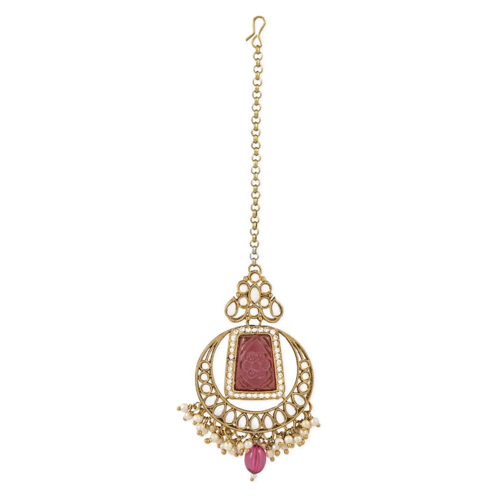 Etnico Gold Plated Traditional Pearl Hanging Kundan Stone Chandbali Earring With Maang Tikka For Women/Girls(TE3028Pu)