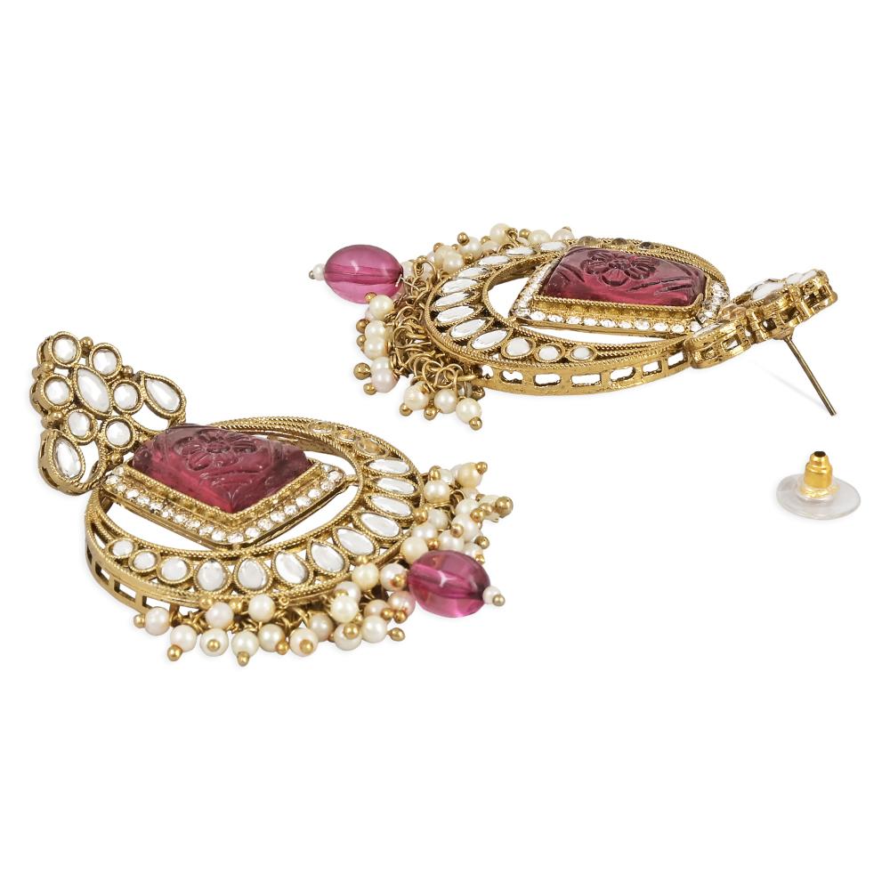 Etnico Gold Plated Traditional Pearl Hanging Kundan Stone Chandbali Earring With Maang Tikka For Women/Girls(TE3028Pu)