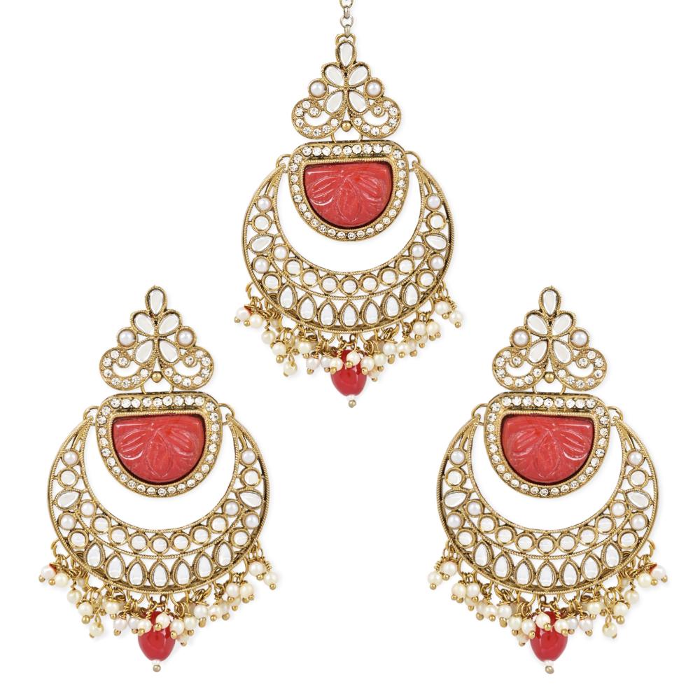 Etnico Gold Plated Traditional Pearl Hanging Kundan Stone Chandbali Earring With Maang Tikka For Women/Girls(TE3029R)